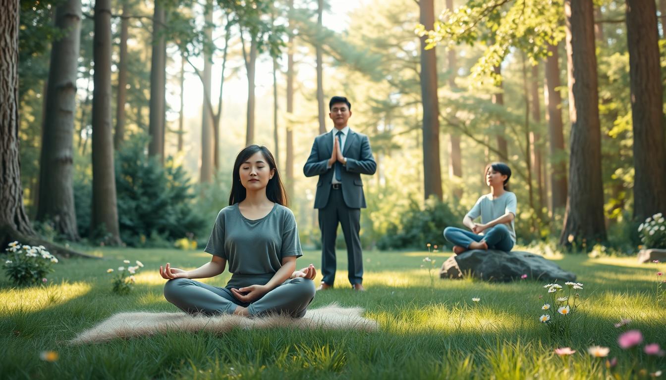 Three people practising mindfulness together in a calm, sunlit space.